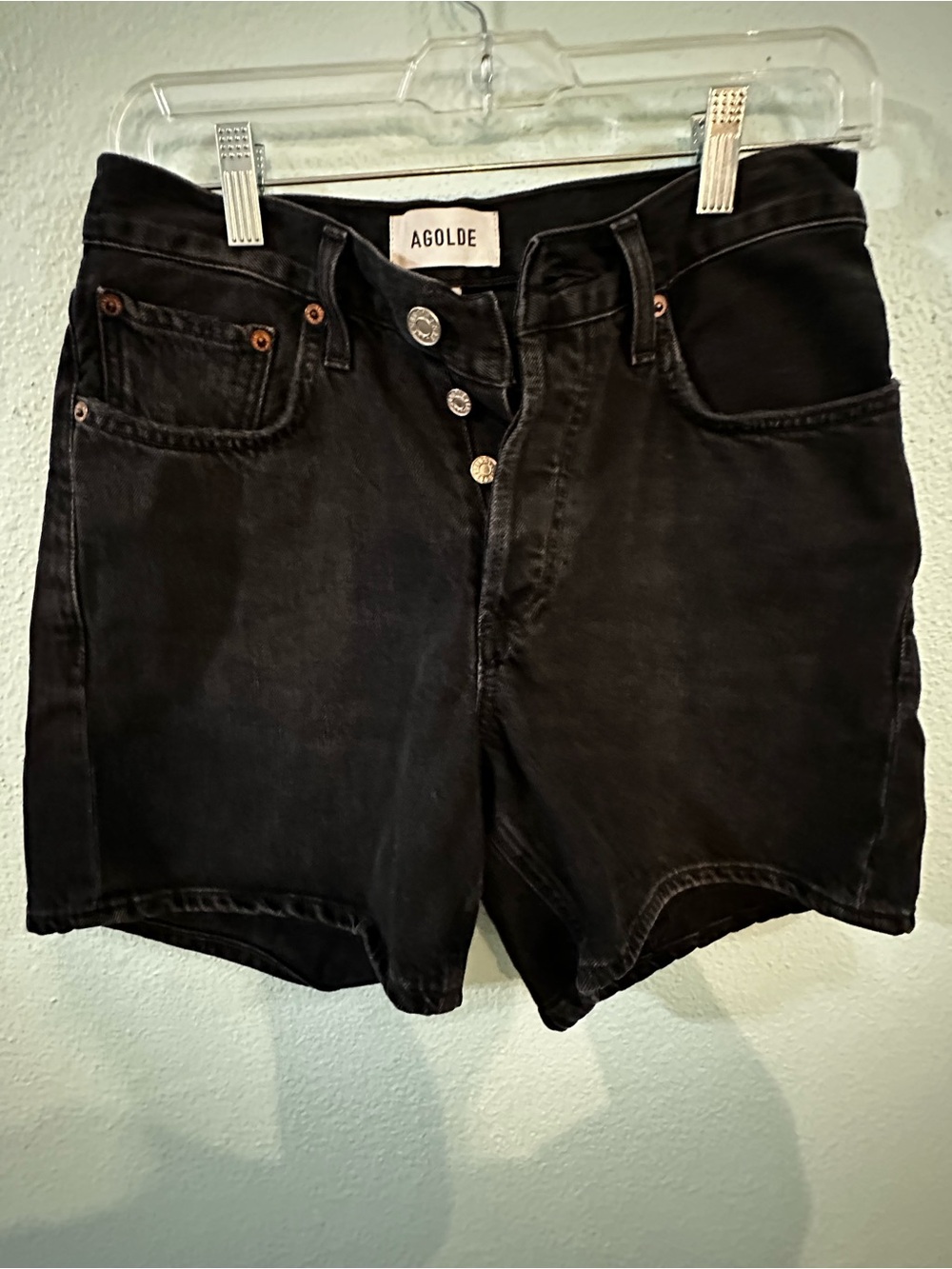 AGOLDE V-Waist Black Button-Fly Denim Shorts Size 26